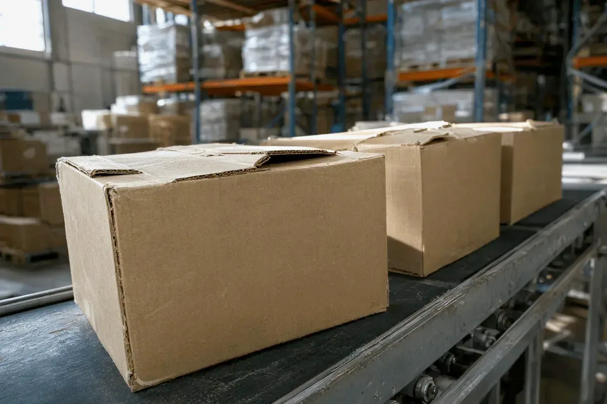 Cartons moving along a conveyor inside a fulfilment centre