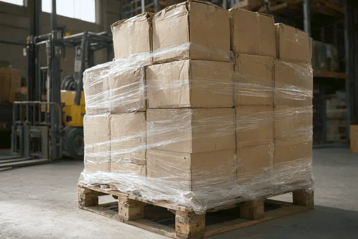 Cartons stacked and stretch-wrapped on a pallet in a consolidation warehouse